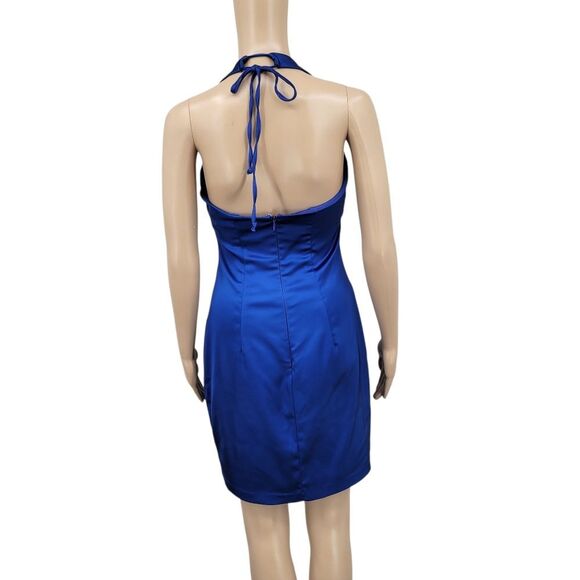 Cache Y2K Elegant Blue Satin Bodycon Halter Dress - Picture 3 of 14